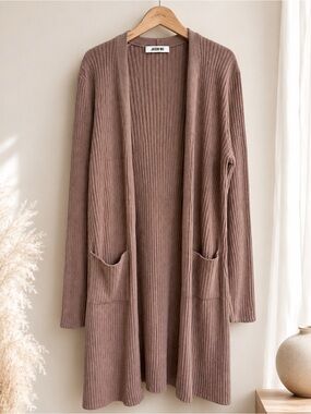 Jason Wu Long Ribbed Duster Cardigan Mauve Open Front Pockets Size M